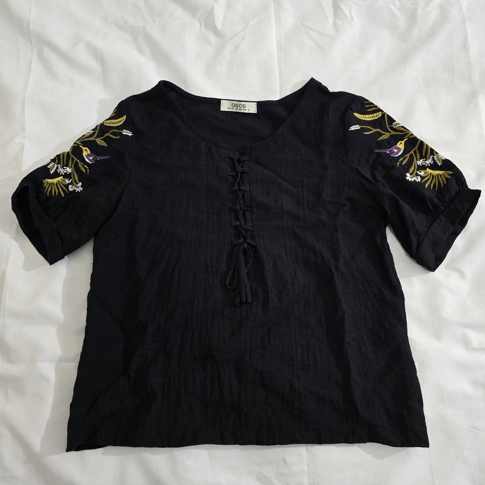 Asos Black Embroidered Women's Top 100% Cotton Size M